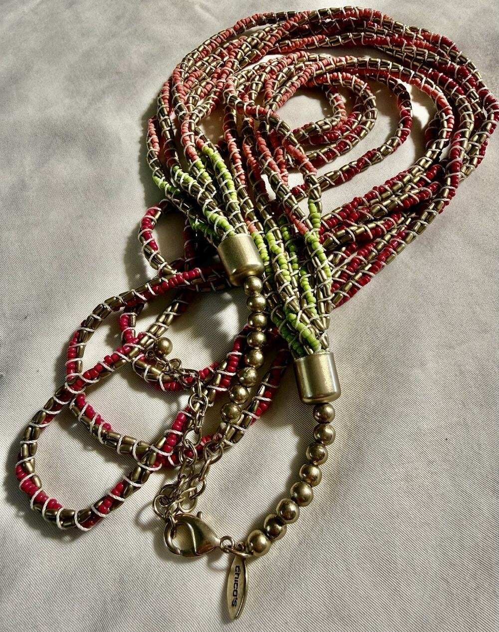 Vintage Chico’s Bead Necklace Long Green Pink Gold Multi Intertwined Strand 30”+
